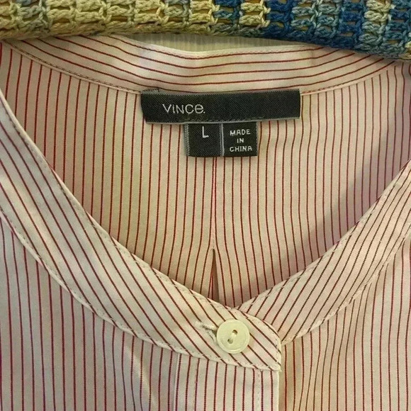 Vince button front tunic pin stripe red white 3/4 sleeve large - Picture 10 of 11